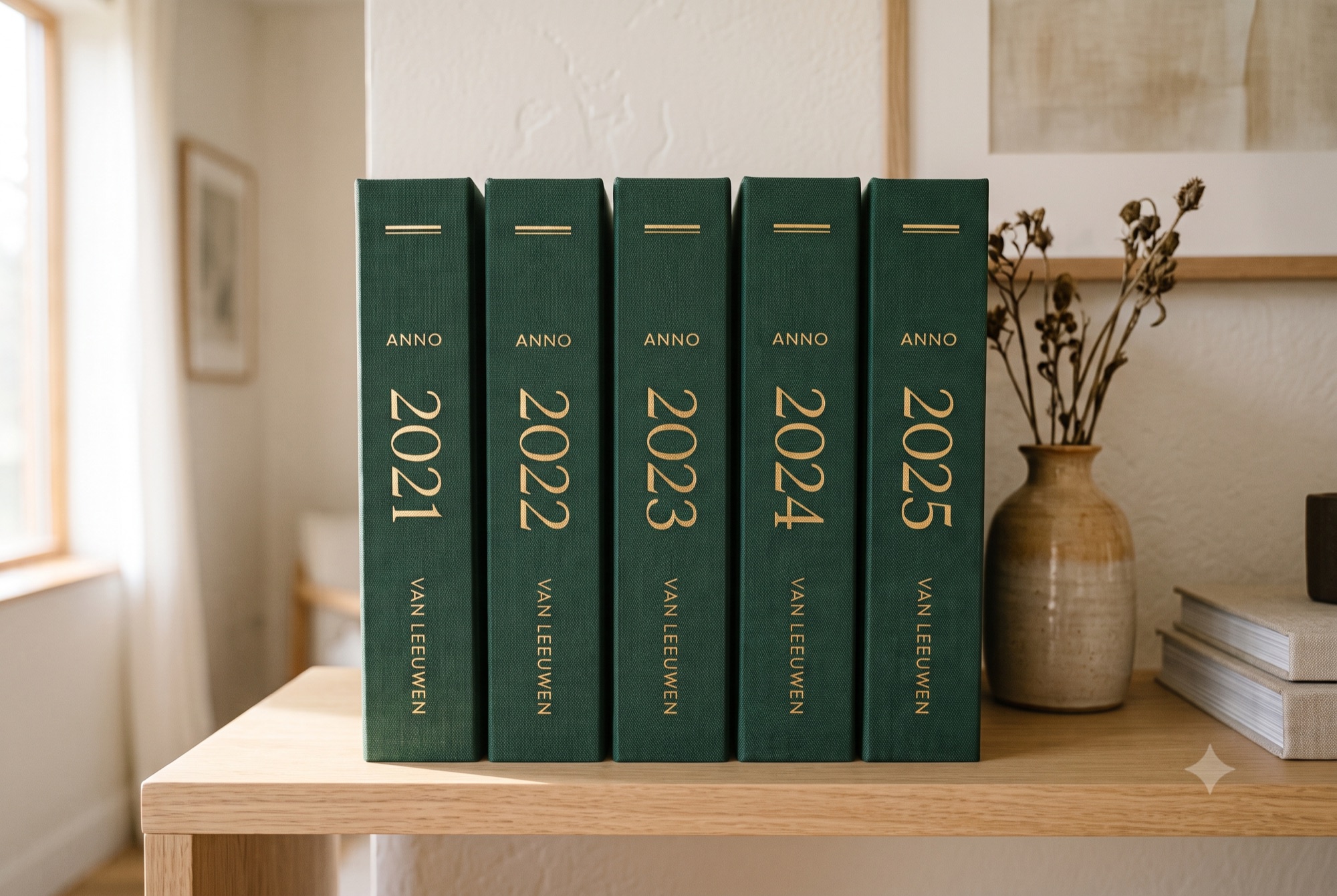 Vijf Anno albums op een rij — de jaren 2021 tot 2025, met het jaartal in goudfolie op de rug